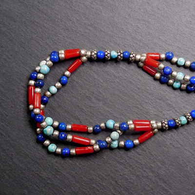 Lapis Lazuli Kette mit Koralle, Türkis und Silber